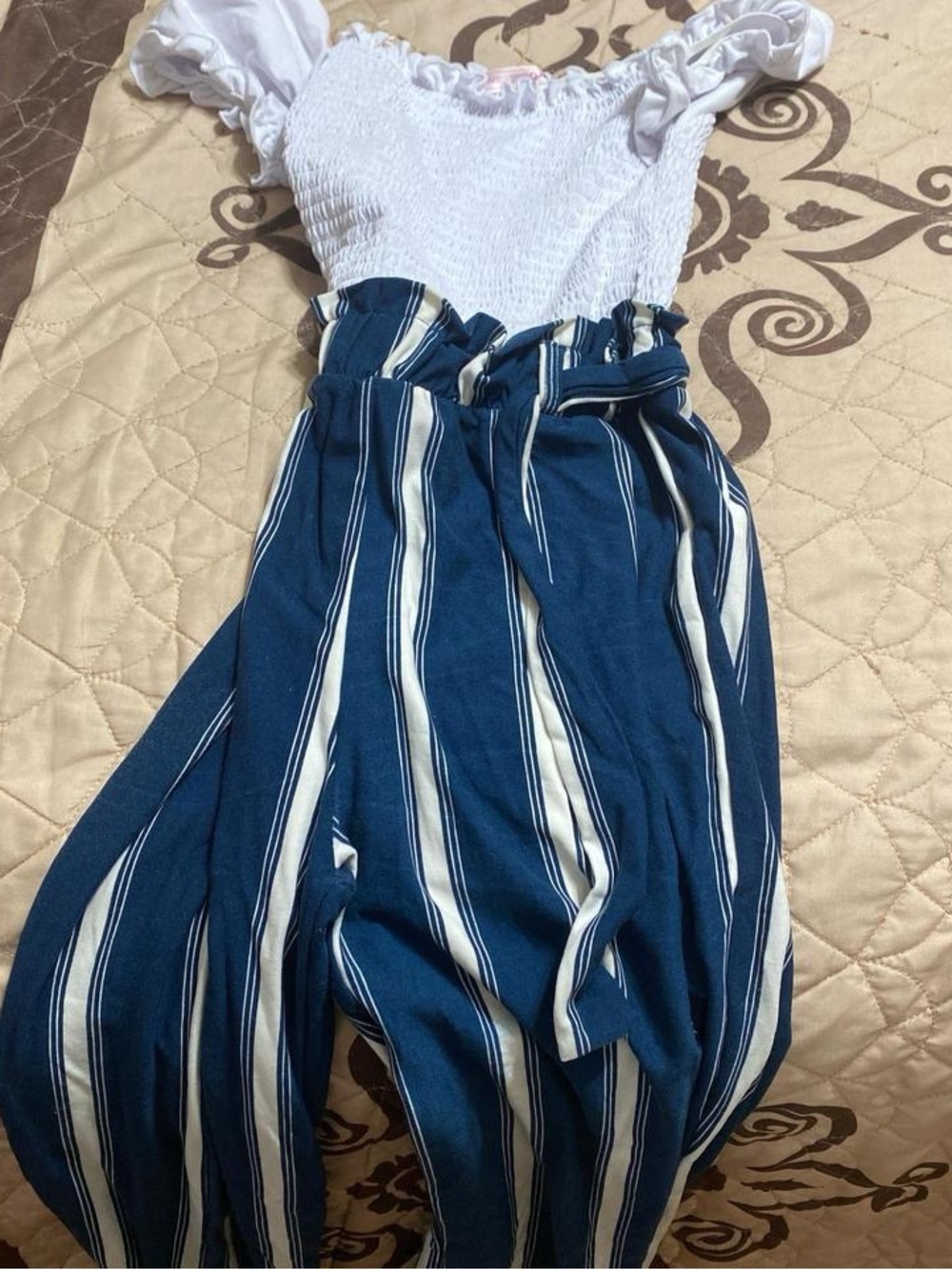 Striped Blue Paperbag Waist Jumpsuit